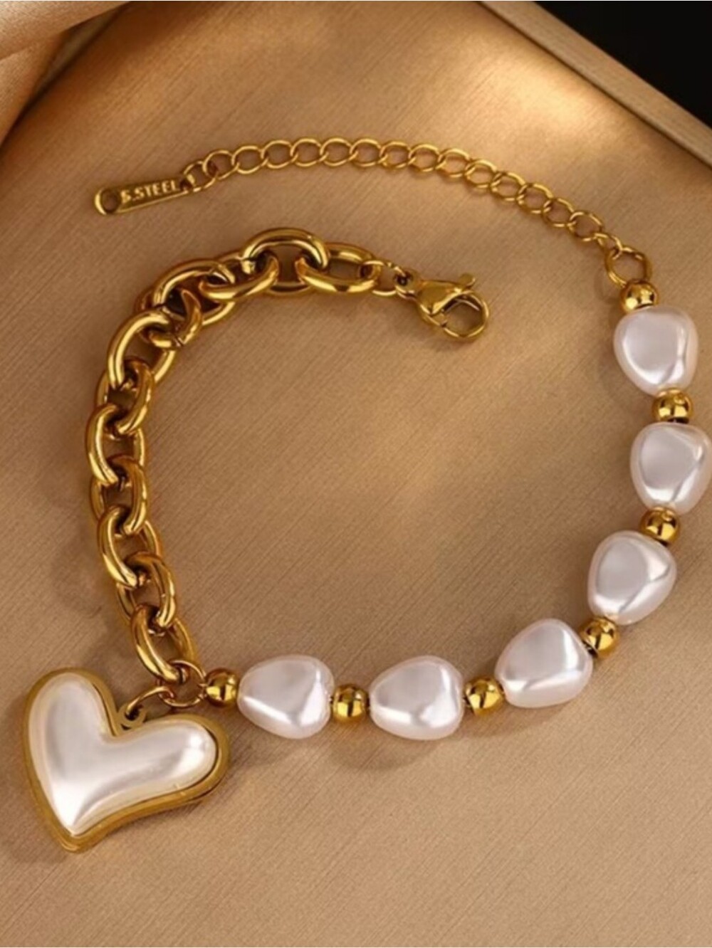 Gold Pearl Heart Charm Bracelet - Women Jewelry